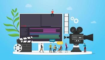 film video production concept with team people and camera editing vector