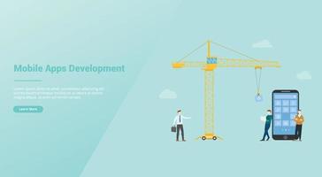 mobile apps development technology with team developer and crane vector