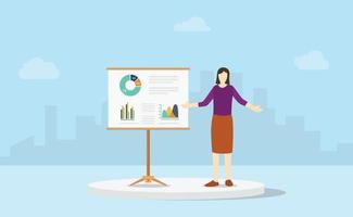 woman business presentation report with some graph and chart analysis vector