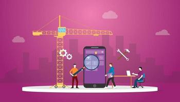 mobile apps development technology with team developer and crane vector