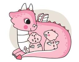 Hand draw cartoon cute mom and children  dragon  hugging vector. vector