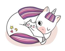 Dibujar a mano dibujos animados lindo unicornio abrazando gato vector. vector