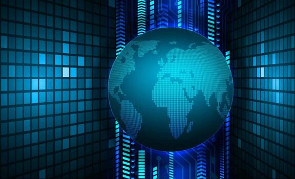 tecnología futura de la placa de circuito binario mundial, seguridad cibernética de hud azul vector