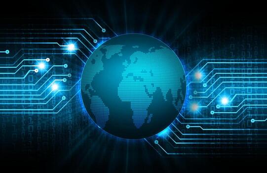 tecnología futura de la placa de circuito binario mundial, seguridad cibernética de hud azul vector