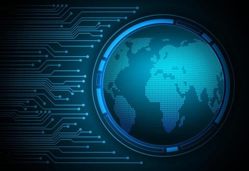 tecnología futura de la placa de circuito binario mundial, seguridad cibernética de hud azul vector