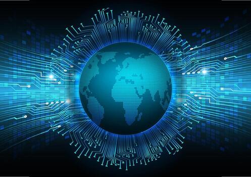 tecnología futura de la placa de circuito binario mundial, seguridad cibernética de hud azul vector