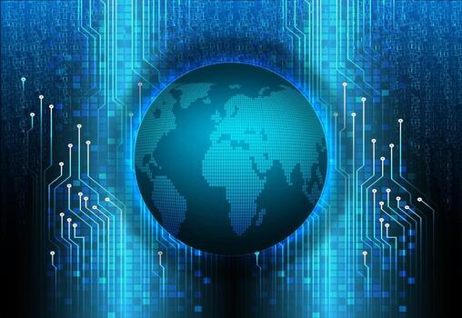 tecnología futura de la placa de circuito binario mundial, seguridad cibernética de hud azul vector