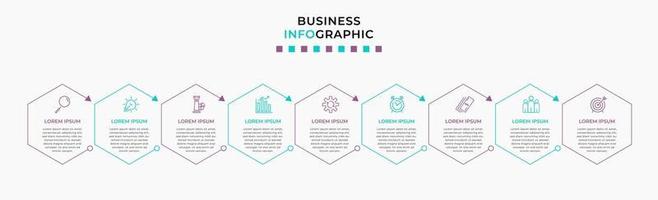 Plantilla de negocio de diseño infográfico con iconos y 9 opciones o pasos. vector