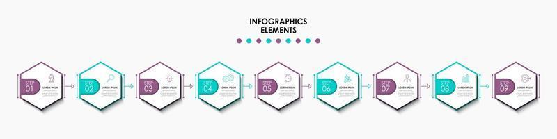 Plantilla de negocio de diseño infográfico con iconos y 9 opciones o pasos. vector