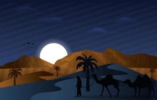 noche árabe desierto camello caravana musulmán cultura islámica ilustración vector