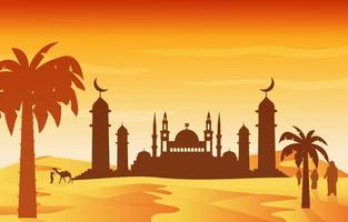 Mosque Arabic Desert Muslim Eid Mubarak Islamic Culture Illustration vector