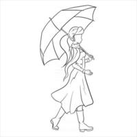 Young girl with an umbrella for a walk. Autumn, rain. Line style. vector