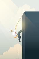 Business people climbing cliff on rope path to goal. vector