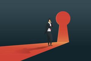 Businessman standing thinking near keyhole door  in wall. vector