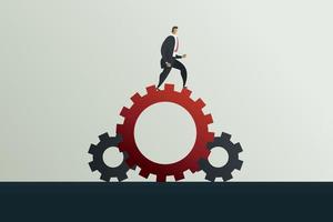 Businessman running along gear mechanism. vector