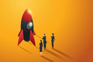 Startup business group people standing view to a rocket. vector