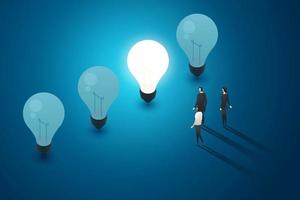 Light bulbs blue background group of business people stand look. vector