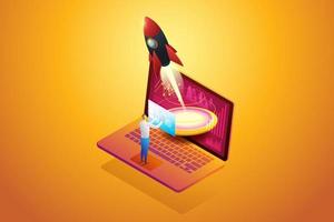 Startup business plan launching a rocket on laptop. vector