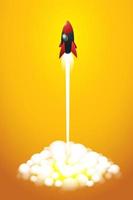 Startup business to a rocket flying on orange background. vector