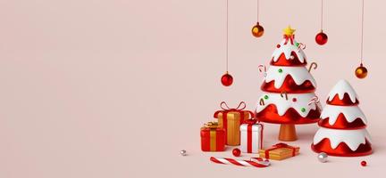 postal de navidad del árbol de navidad con regalos, ilustración 3d foto