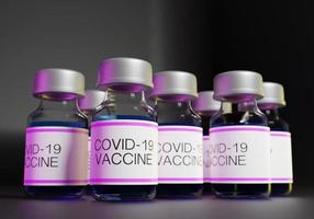 Representación 3D de botellas de vacunas covid-19 en una línea