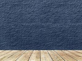 Dark blue brick wall with white wooden floor product display photo