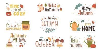 Autumn phrases with cute and cozy design elements decorative bundle vector