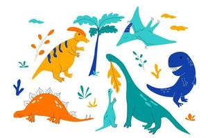 Collection of dinosaurs in nature in doodle style vector