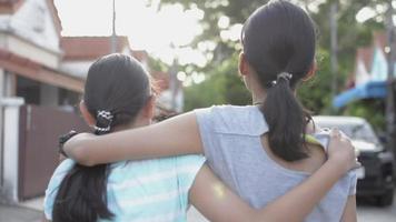 Rear view of two sisters hugging each other and walking together. video