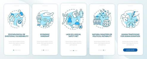 Human trafficking factors onboarding mobile app page screen vector