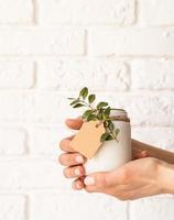 White candle with fresh leaves on white brick wall background photo