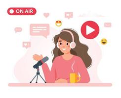 Female podcaster talking to microphone recording podcast. vector