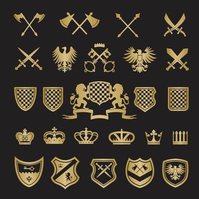 Medieval stylized shapes swords shields crowns lions knight vector