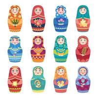 juguetes tradicionales matryoshka niñas con flores de decoración botánica vector