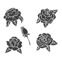 Black illustrations of roses. Vector silhouette of different plants