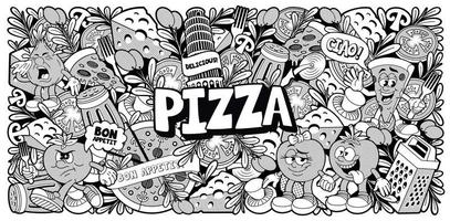 Fondo de doodle en blanco y negro para un tema de pizzería vector