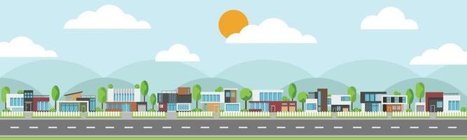 Landscape of modern houses and flat home with tree and along roads. vector