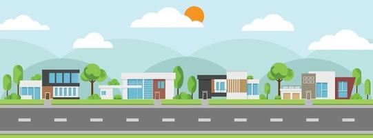 Landscape of modern houses and flat home with tree and along roads. vector