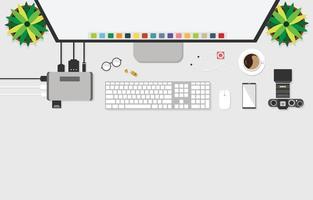 diseño plano, vista superior de la mesa de trabajo con accesorio en el escritorio. vector