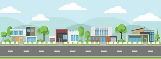 Landscape of modern houses and flat home with tree and along roads. vector