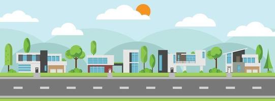 Landscape of modern houses and flat home with tree and along roads. vector