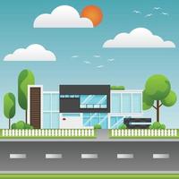 Flat design of houses or modern building with environment. vector