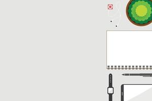 Top view of working table with space for text with accessory on desk. vector