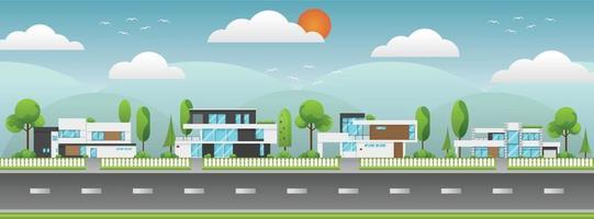 Flat design of houses or modern building with environment. vector