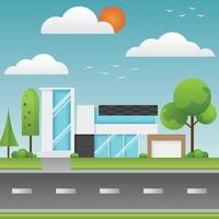 Flat design of houses or modern building with environment. vector