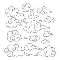 Conjunto de nubes arremolinadas orientales tradicionales en contorno negro aislado vector