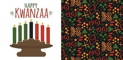 Happy Kwanzaa - set of greeting card, African ethnic seamless pattern vector