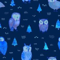 Seamless pattern with hand draw illustration of owls in night forest vector