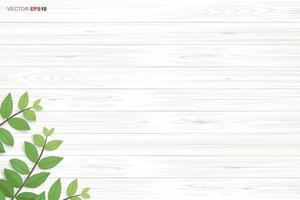 Wood texture background with green leaves.  Vector illustration.