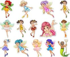 Set of stickers with beautiful fairies and mermaid cartoon character vector